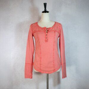 Free People Gold Coast Henley Top Lace Buttoned Blouse Washed Red Coral Size SP